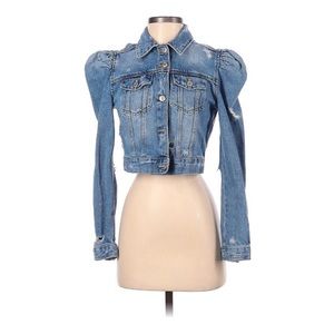 ZARA Denim Jeans Short Cropped Jacket Puff Sleeves Shoulders Alexis Rose S